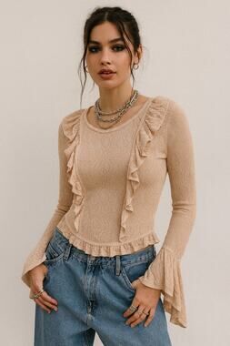 Ronny Kobo Pink Ruffle Pointelle Lace Long Sleeve Small Romantic Top Blouse